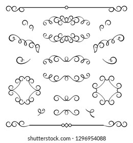 Vintage calligraphic flourishes, swirly decorative elements in retro style, vector scroll embellishment on white