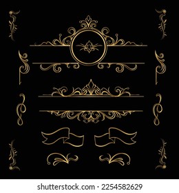 Vintage calligraphic frames. Ornate calligraph frame, retro elegant ornamental borders and filigree floral ornaments for framed certificate template. Isolated vector illustration signs set Golden blac