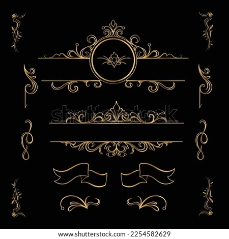 Vintage calligraphic frames. Ornate calligraph frame, retro elegant ornamental borders and filigree floral ornaments for framed certificate template. Isolated vector illustration signs set Golden blac