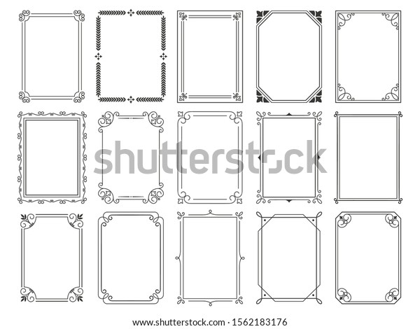 ビンテージのカリグラフィ フレーム 装飾的な書道用枠 レトロな装飾的な飾り枠 額入り証明書用の模様花柄飾り 分離型ベクターイラスト記号セット のベクター画像素材 ロイヤリティフリー