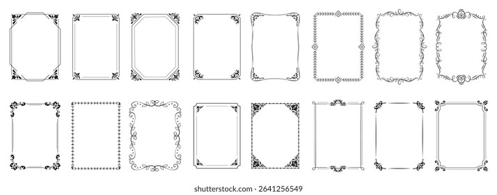 Vintage calligraphic frames. Ornate calligraphy frame, retro elegant ornamental borders, filigree floral ornaments for framed certificate template. Isolated vector decorative Victorian dividers set.