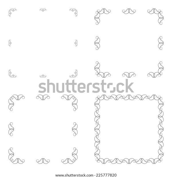 Vintage calligraphic frames and page\
decoration, retro style set, black isolated on white background,\
vector illustration.