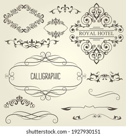 Vintage calligraphic frames with vignettes and ornamental dividers, curly decoration, vector