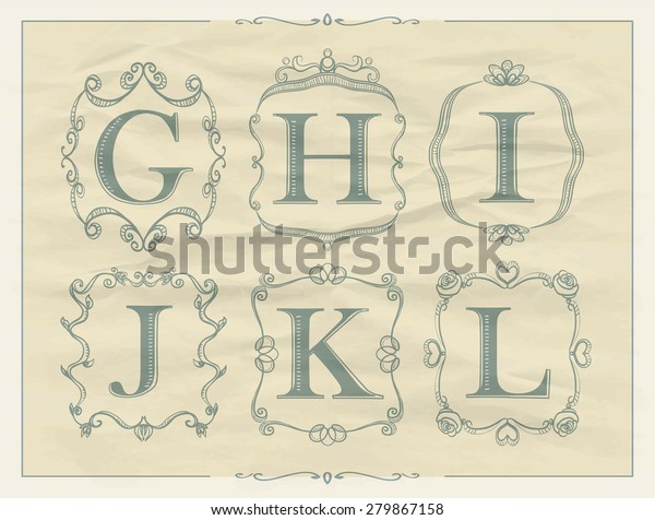 モノグラムレトロフレーム アルファベットロゴセットのビンテージの書字 G H I J K L のベクター画像素材 ロイヤリティフリー