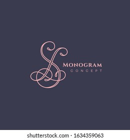 Vintage calligraphic monogram letters S and L design template in linear style. Vector illustration.