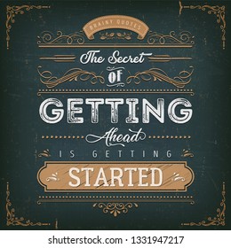 Vintage Calligraphic Motivation Quote Poster/ Illustration of a vintage chalkboard textured background with inspiring and motivating philosophy quote, floral patterns and hand-drawned corners