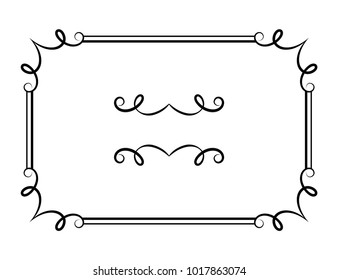 Vintage calligraphic rectangle frame with ornamental corners and flourish vignette, vector embellishment in retro style