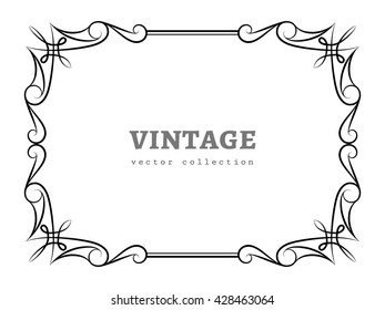Vintage calligraphic rectangle frame with ornamental corners, vector embellishment on white, certificate or invitation card template
