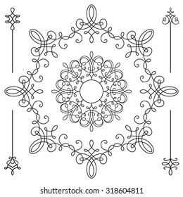 Vintage calligraphic round vignettes and divider elements, circle frame templates, set of decorative design elements in retro style, vector scroll embellishment on white