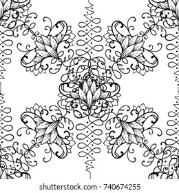 Vintage calligraphic seamless pattern of design elements isolated on white. Swirls, vignettes, ornaments, coloring book for adults. Titled background. Trendy boho style patterned, tribal textile.