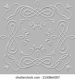 Vintage calligraphic style 3d emboss frame. Surface lines seamless pattern. Light background with relief emboss flowers, swirl line art tracery leaves, frames, borders. Embossed floral ornament.