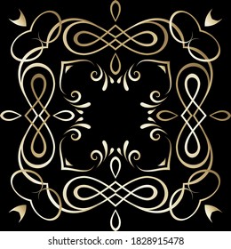 Vintage calligraphic style lines seamless pattern. Ornamental  background with old gold flowers, swirl line art tracery leaves, frames. borders and elegance ornaments. Ornate decorative vector design.