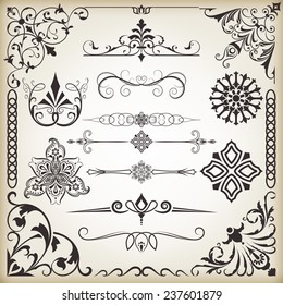 Vintage calligraphic vector design elements isolated on beige background. Set 8.