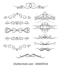 Vintage calligraphic vignettes and dividers, set of decorative design elements in retro style, vector illustration