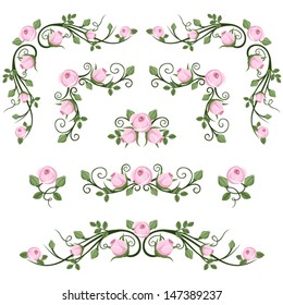 Vintage calligraphic vignettes with pink roses. Vector illustration.