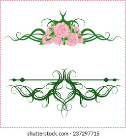 Vintage calligraphic vignettes with pink roses. Vector illustration.