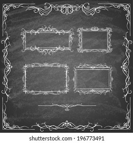 Vintage Calligraphy Chalkboard Design Elements. Set of decorative design elements and page decor. Classic curves and curly lines. Set of hand drawn ornamental frames.