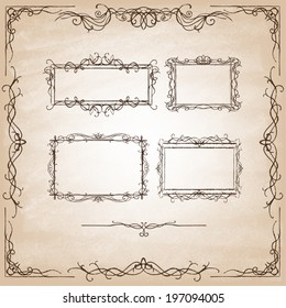 Vintage Calligraphy Design Elements. Set of decorative design elements and page decor. Classic curves and curly lines. Set of hand drawn ornamental frames. Vector illustration.