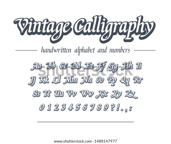 古い書 手書きのアウトラインアルファベット ビジネスロゴデザイン パッケージ バナー見出し用のユニバーサル手書きフォント レトロなスタイルのクラシックスクリプト 文字と数字を含む現代のベクター画像の書体 のベクター画像素材 ロイヤリティフリー