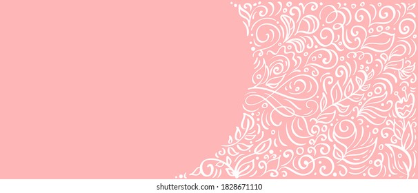 Vintage calligraphy leaves on pink background. Vector flourish elements with flowers banner for Valentines Day, wedding, birthday, greeting card with copy space for your text.