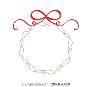 Vintage calligraphy round frame with red bow hand drawn circular wreaths, vector design elements with place for your text copy space.