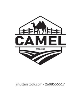 Vintage Camel Farm Logo Vector with Fence and Landscape Badge Style