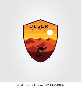 vintage camel on desert or sahara badge logo vector illustration design