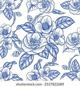 Vintage Camelia seamless pattern. Spring flowers. Blue and white. Chinoiserie