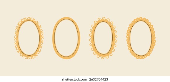 Vintage cameo frames hand drawn vector set with lace and ornate borders. Cute and elegant in a flat, nostalgic style, perfect for wedding cards, invitations, scrapbooking, and retro decorations.