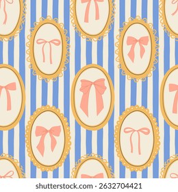 Vintage cameo frames seamless striped pattern with bows and ribbon. Hand drawn in a cute, romantic, and whimsical style, perfect for fashion, greeting cards, and elegant retro designs.