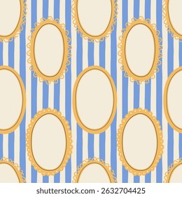 Vintage cameo frames seamless striped pattern with lace and delicate borders. Hand drawn in a cute, romantic, and whimsical style, perfect for fashion, greeting cards, and elegant retro designs.