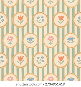 Vintage cameo frames seamless striped pattern with delicate florals. Hand drawn in a cute, romantic, and whimsical style, perfect for fashion, greeting cards, and elegant retro designs.
