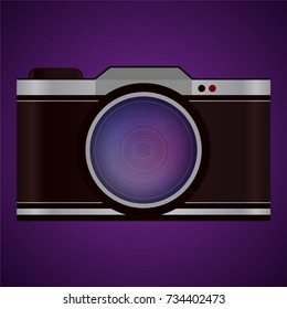 Vintage camera with abstract lens and cosmos reflection, vector illustration