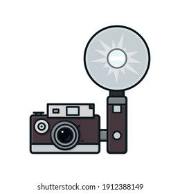 Vintage camera with atttached flash isolated vector illustration for Camera Day on June 29th. Analog media and press symbol.