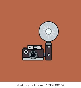 Vintage camera with atttached flash vector illustration for Camera Day on June 29th. Analog media and press symbol.