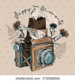 Vintage Camera and birds with Herbarium wildflowers, cornflowers, herbs flowers and leaves flowers and leaves. T-shirt composition, hand drawn vector illustration.