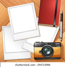 Vintage camera and blank photo frames