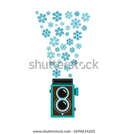 A vintage camera captures falling snowflakes, creating a winter photography concept. The design is artistic and creative, perfect for holiday greetings or winter-themed artwork.