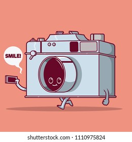 Vintage camera character taking a selfie vector illustration. Selfie, photo, camera, film, video design concept