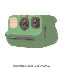 Vintage camera device Polaroid. Green photography camera. Hand drawn trendy flat style on white background vector illustration 