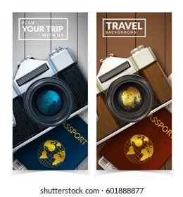 Vintage camera and documents on wooden background. World map reflection on lense. Vector travel banners.