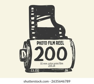 Vintage camera film print design for t shirt print, poster, sticker, background and other uses. Photo film reel. Camera film roll and the film strip.