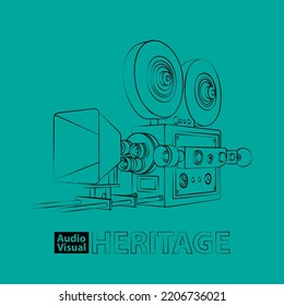 Vintage camera with film roll in line art design for audio visual heritage day design