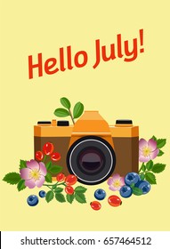 Vintage camera and floral decor. Vector Postcard.