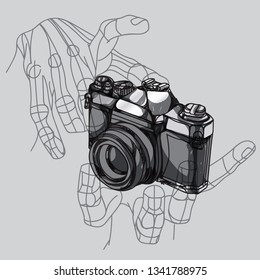 vintage camera  hand drawing with line art illustration isolated on gray background.