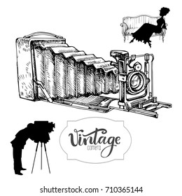 Vintage camera, hand drawn vector illustration and solhouette of photographer and his model