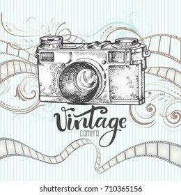 Vintage camera, hand drawn vector illustration, composition with film strips and floral swirl patterns