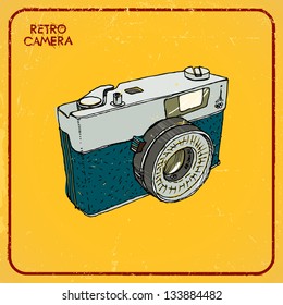 Vintage camera, hand-drawn, postcard