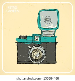 Vintage camera, hand-drawn, postcard