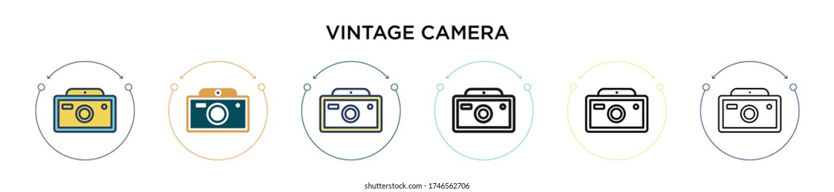 Vintage camera icon in filled, thin line, outline and stroke style. Vector illustration of two colored and black vintage camera vector icons designs can be used for mobile, ui, web